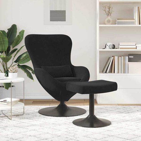 Fauteuil Œuf Velours Noir avec Repose-Pieds Design Lounge